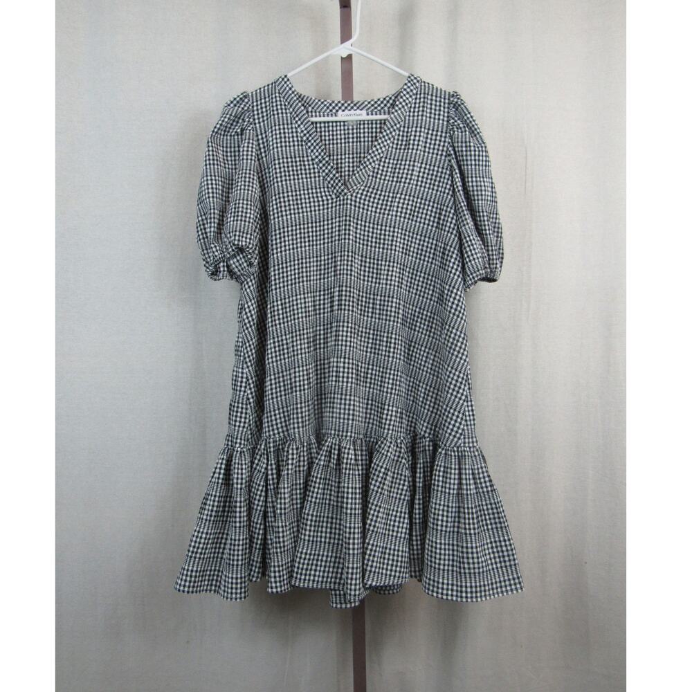 Calvin Klein Size 10 Gingham Black and White Drop Waist Mini Dress Puff Sleeves
